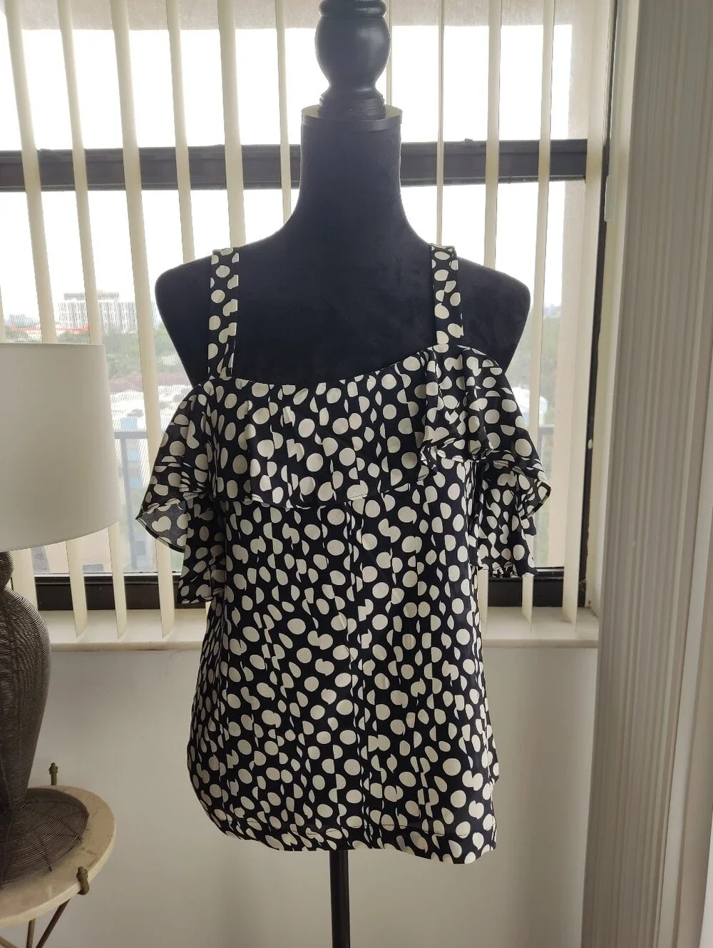 J. Crew Black & Ivory Ratti Print Polka Dot Cold-Shoulder Camisole Size 6